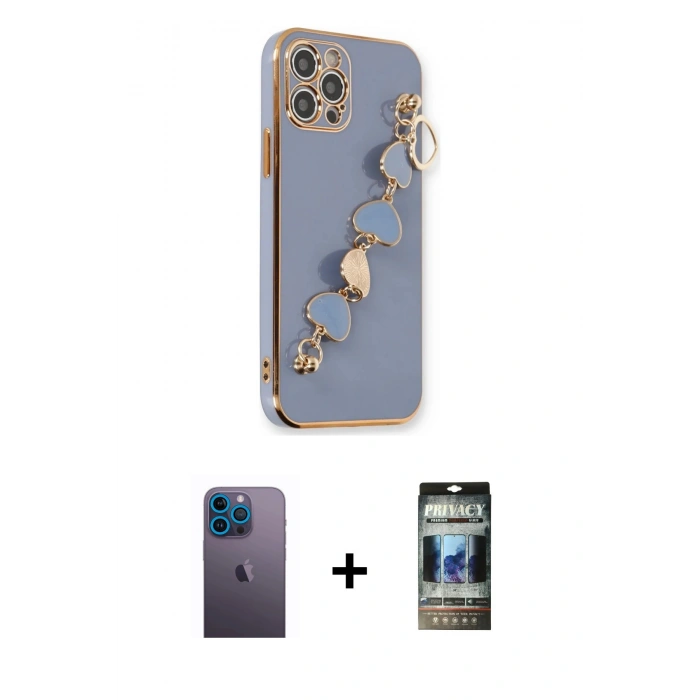 MARSİLYAN™- iPhone 12 Pro Kılıf Nova Işık Prime - Siyah 34D Hayalet Izgaralı Cam + Neon Fosforlu Kamera Lens - MI