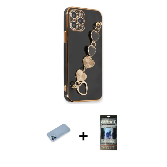 MARSİLYAN™- iPhone 12 Pro Kılıf Nova Işık Prime - Siyah 34D Hayalet Izgaralı Cam + Shine Kamera Lens Koruma Cam - MI