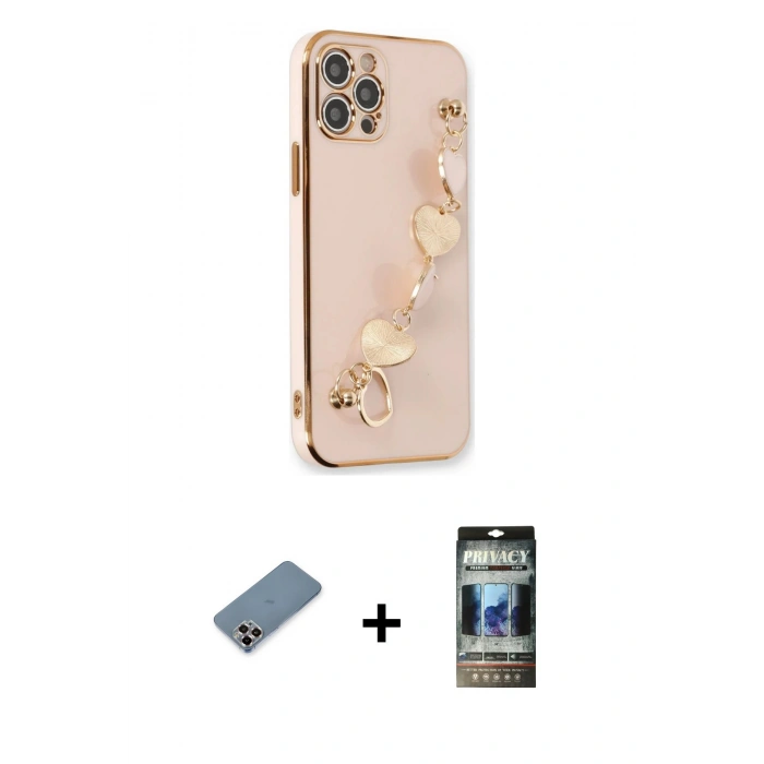 MARSİLYAN™- iPhone 12 Pro Kılıf Nova Işık Prime - Siyah 34D Hayalet Izgaralı Cam + Mor Metal Kamera Lens Koruma Cam