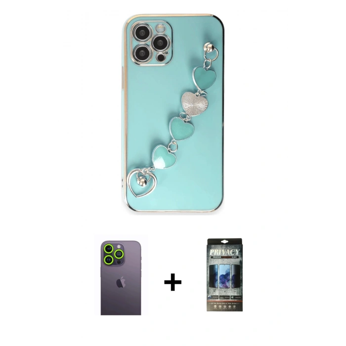 MARSİLYAN™- iPhone 12 Pro Kılıf Nova Işık Prime - Siyah 34D Hayalet Izgaralı Cam + Neon Fosforlu Kamera Lens - YL