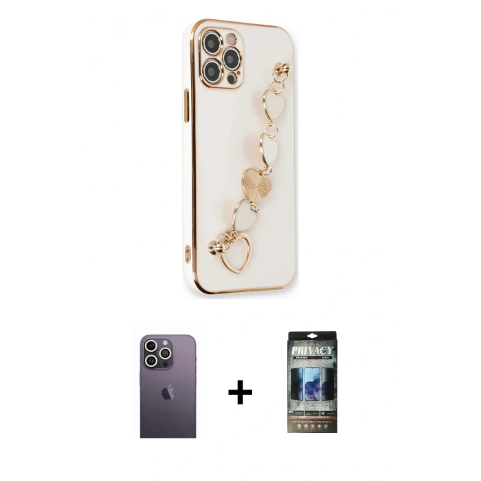 MARSİLYAN™- iPhone 12 Pro Kılıf Nova Işık Prime - Siyah 34D Hayalet Izgaralı Cam + Neon Fosforlu Kamera Lens - BZ