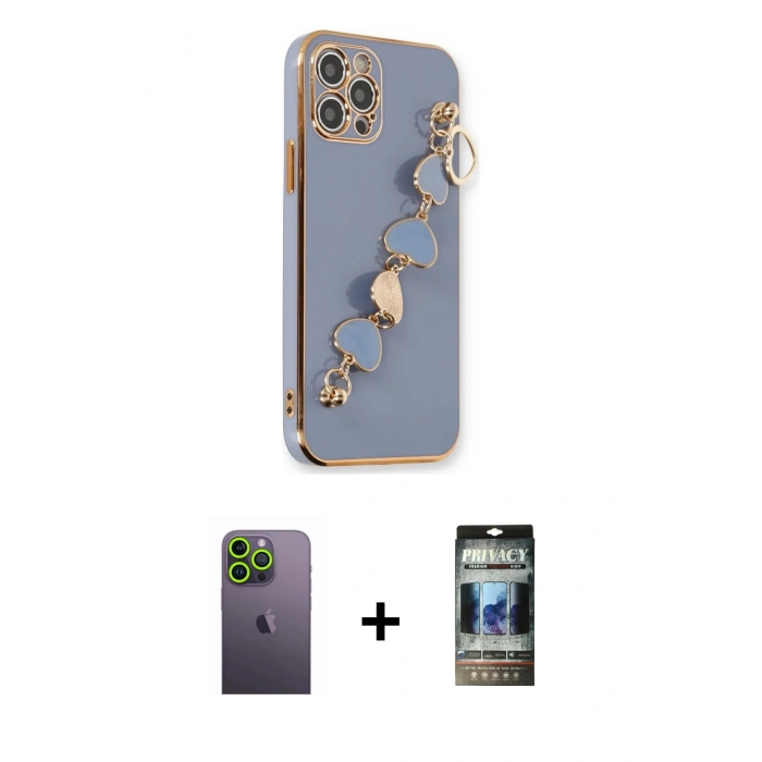 MARSİLYAN™- iPhone 12 Pro Kılıf Nova Işık Prime - Siyah 34D Hayalet Izgaralı Cam + Neon Fosforlu Kamera Lens - YL