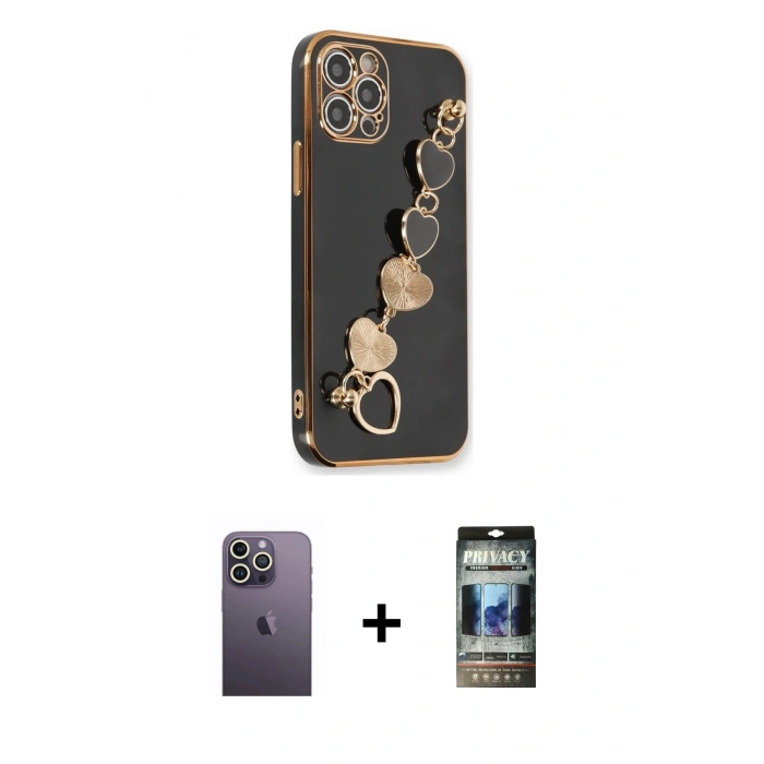 MARSİLYAN™- iPhone 12 Pro Kılıf Nova Işık Prime - Siyah 34D Hayalet Izgaralı Cam + Neon Fosforlu Kamera Lens - BZ
