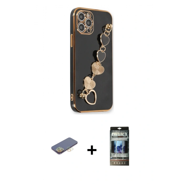 MARSİLYAN™- iPhone 12 Pro Kılıf Nova Işık Prime - Siyah 34D Hayalet Izgaralı Cam + Renkli Kamera Lens Koruma Cam - SI