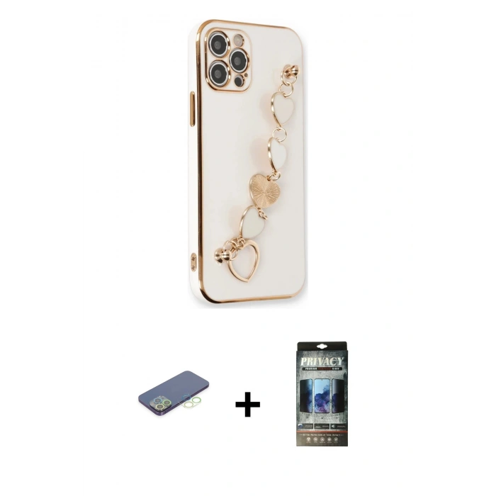 MARSİLYAN™- iPhone 12 Pro Kılıf Nova Işık Prime - Siyah 34D Hayalet Izgaralı Cam + Renkli Kamera Lens Koruma Cam - YL