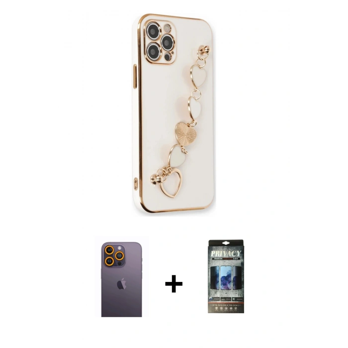 MARSİLYAN™- iPhone 12 Pro Kılıf Nova Işık Prime - Siyah 34D Hayalet Izgaralı Cam + Neon Fosforlu Kamera Lens - SI