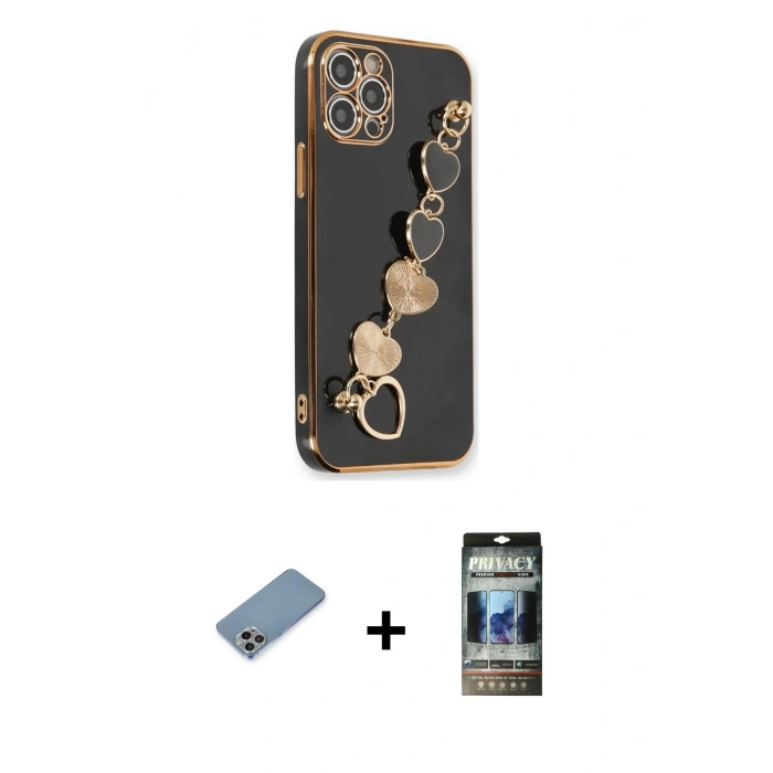 MARSİLYAN™- iPhone 12 Pro Kılıf Nova Işık Prime - Siyah 34D Hayalet Izgaralı Cam + Shine Kamera Lens Koruma Cam - GI