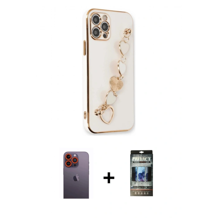 MARSİLYAN™- iPhone 12 Pro Kılıf Nova Işık Prime - Siyah 34D Hayalet Izgaralı Cam + Neon Fosforlu Kamera Lens - TU