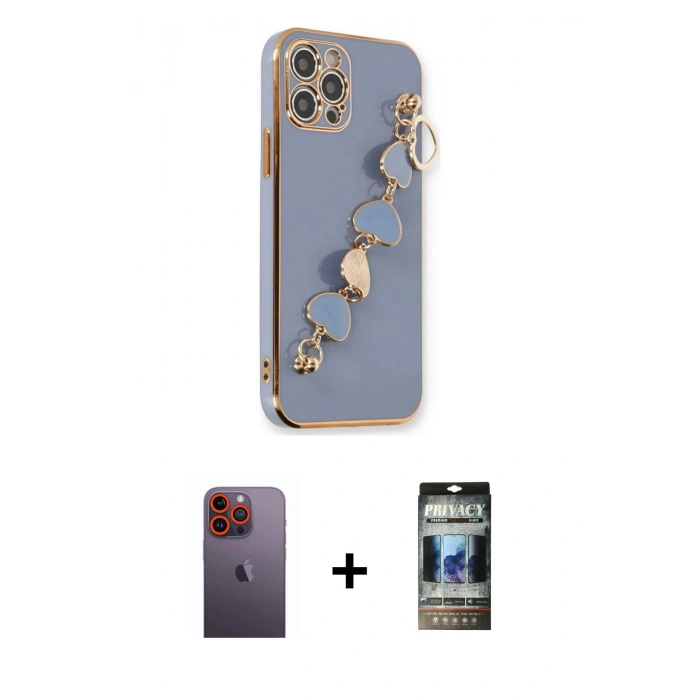 MARSİLYAN™- iPhone 12 Pro Kılıf Nova Işık Prime - Siyah 34D Hayalet Izgaralı Cam + Neon Fosforlu Kamera Lens - TU