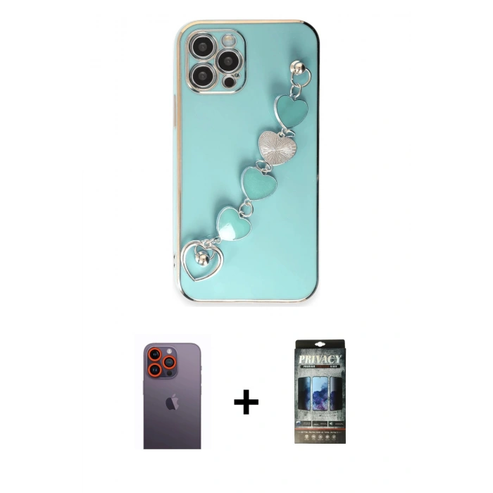 MARSİLYAN™- iPhone 12 Pro Kılıf Nova Işık Prime - Siyah 34D Hayalet Izgaralı Cam + Neon Fosforlu Kamera Lens - TU