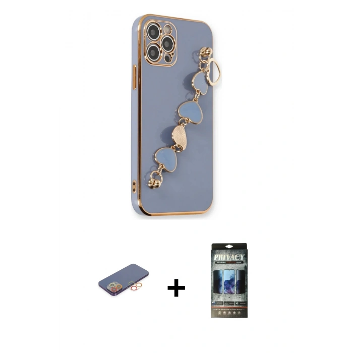 MARSİLYAN™- iPhone 12 Pro Kılıf Nova Işık Prime - Siyah 34D Hayalet Izgaralı Cam + Turuncu Renkli Kamera Lens Koruma Cam