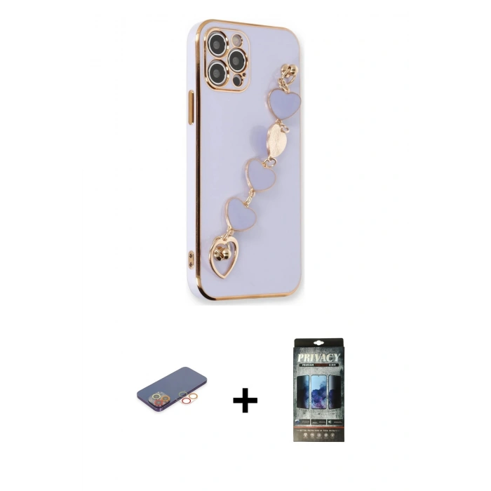 MARSİLYAN™- iPhone 12 Pro Kılıf Nova Işık Prime - Siyah 34D Hayalet Izgaralı Cam + Turuncu Renkli Kamera Lens Koruma Cam