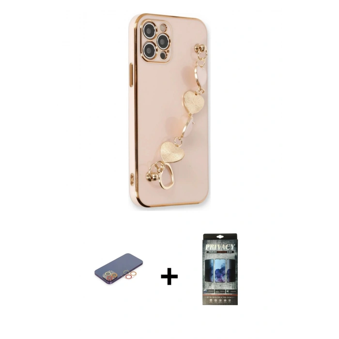 MARSİLYAN™- iPhone 12 Pro Kılıf Nova Işık Prime - Siyah 34D Hayalet Izgaralı Cam + Turuncu Renkli Kamera Lens Koruma Cam