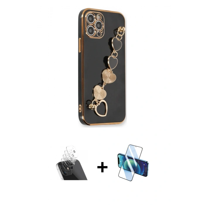 MARSİLYAN™- iPhone 12 Pro Kılıf Nova Işık Prime - Siyah 3D Antistatik Cam Ekran Koruyucu + Kamera Lens Koruma Cam - SF