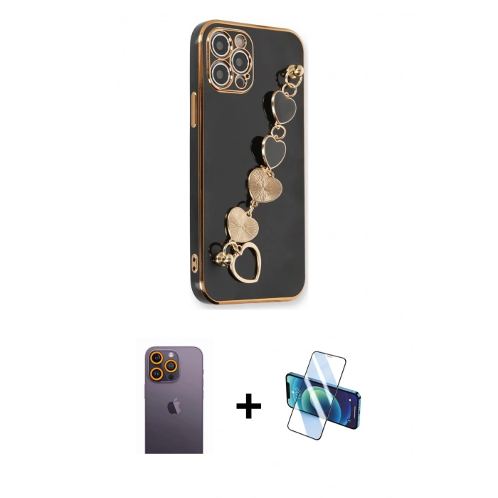 MARSİLYAN™- iPhone 12 Pro Kılıf Nova Işık Prime - Siyah 3D Antistatik Cam Ekran Koruyucu + Neon Fosforlu Kamera Lens - SI