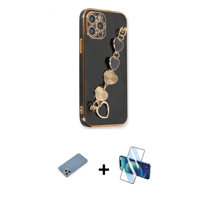 MARSİLYAN™- iPhone 12 Pro Kılıf Nova Işık Prime - Siyah 3D Antistatik Cam Ekran Koruyucu + Shine Kamera Lens Koruma Cam - GS