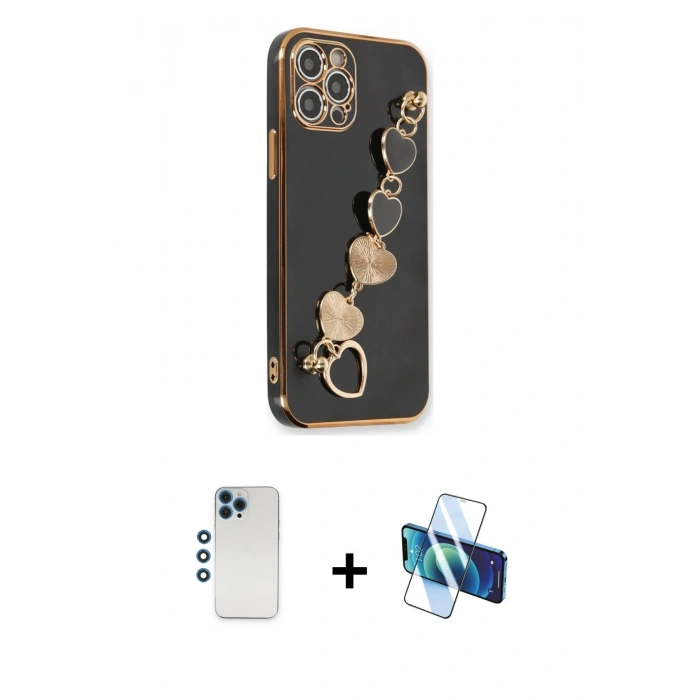 MARSİLYAN™- iPhone 12 Pro Kılıf Nova Işık Prime - Siyah 3D Antistatik Cam Ekran Koruyucu + Shine Kamera Lens - MI