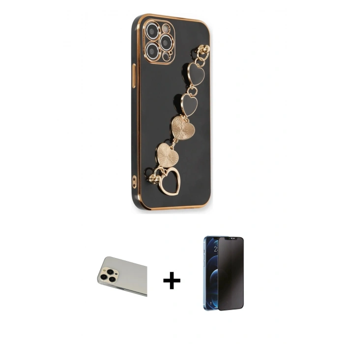 MARSİLYAN™- iPhone 12 Pro Kılıf Nova Işık Prime - Siyah 3D Antistatik Hayalet Cam Ekran Koruyucu + Rainbow Kamera Lens Koruma Cam - GD