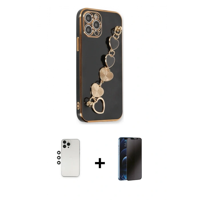 MARSİLYAN™- iPhone 12 Pro Kılıf Nova Işık Prime - Siyah 3D Antistatik Hayalet Cam Ekran Koruyucu + Shine Kamera Lens - GS