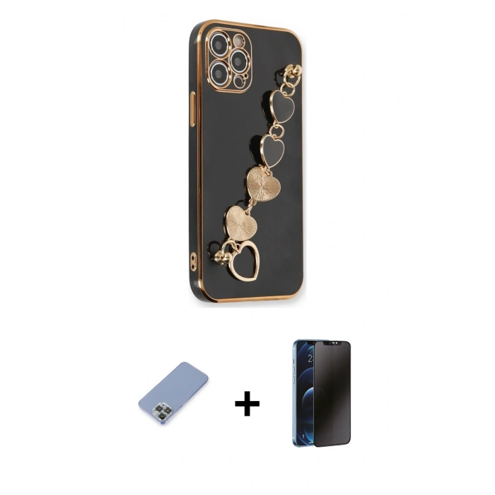 MARSİLYAN™- iPhone 12 Pro Kılıf Nova Işık Prime - Siyah 3D Antistatik Hayalet Cam Ekran Koruyucu + Metal Kamera Lens Koruma Cam - KUYL