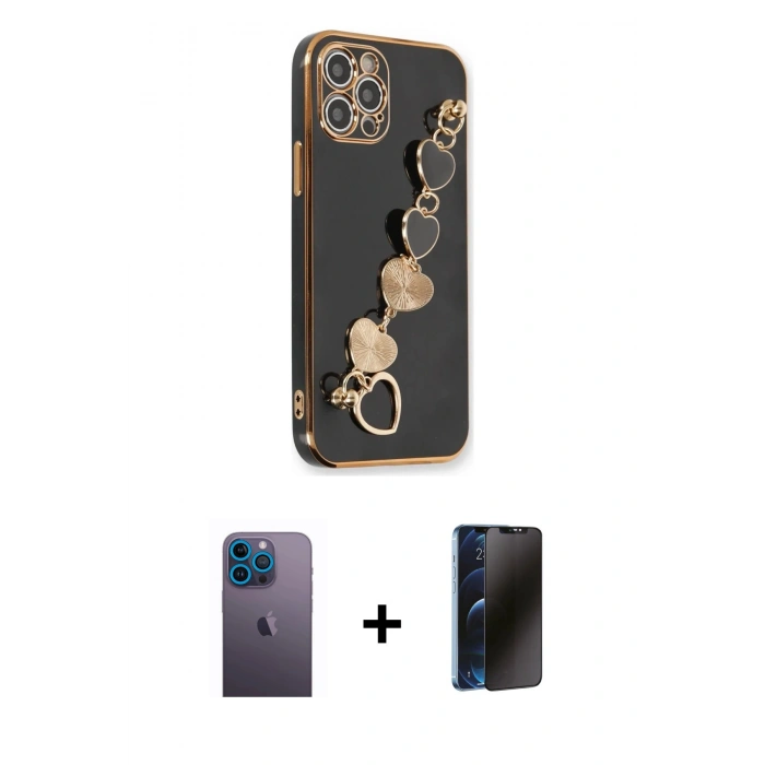 MARSİLYAN™- iPhone 12 Pro Kılıf Nova Işık Prime - Siyah 3D Antistatik Hayalet Cam Ekran Koruyucu + Neon Fosforlu Kamera Lens - MI