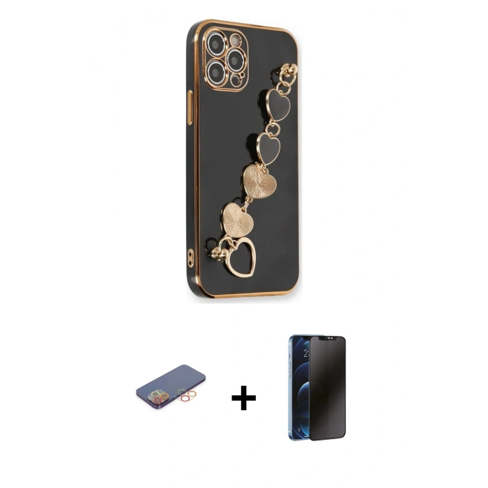 MARSİLYAN™- iPhone 12 Pro Kılıf Nova Işık Prime - Siyah 3D Antistatik Hayalet Cam Ekran Koruyucu + Renkli Kamera Lens Koruma Cam - TU
