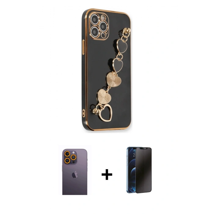 MARSİLYAN™- iPhone 12 Pro Kılıf Nova Işık Prime - Siyah 3D Antistatik Hayalet Cam Ekran Koruyucu + Neon Fosforlu Kamera Lens - SI