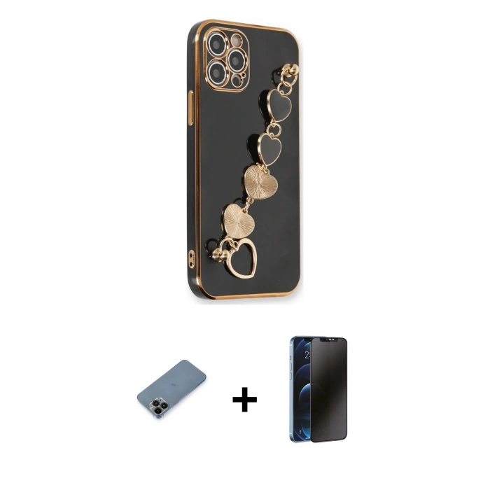 MARSİLYAN™- iPhone 12 Pro Kılıf Nova Işık Prime - Siyah 3D Antistatik Hayalet Cam Ekran Koruyucu + Shine Kamera Lens Koruma Cam - SH