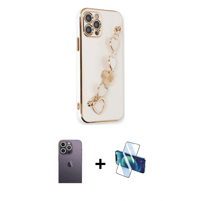 MARSİLYAN™- iPhone 12 Pro Kılıf Nova Işık Prime - Siyah 3D Antistatik Seramik Nano Ekran Koruyucu + Beyaz Neon Fosforlu Kamera Lens