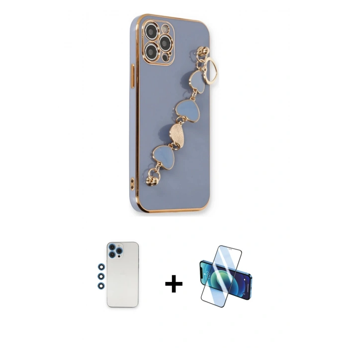 MARSİLYAN™- iPhone 12 Pro Kılıf Nova Işık Prime - Siyah 3D Antistatik Seramik Nano Ekran Koruyucu + Mavi Shine Kamera Lens