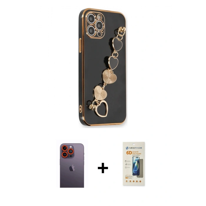 MARSİLYAN™- iPhone 12 Pro Kılıf Nova Işık Prime - Siyah 6D Mat Seramik Hayalet Nano Ekran Koruyucu + Turuncu Neon Fosforlu Kamera Lens