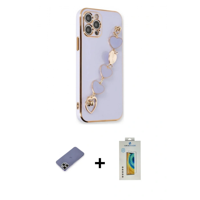 MARSİLYAN™- iPhone 12 Pro Kılıf Nova Işık Prime - Siyah Polymer Nano Ekran Koruyucu + Gold Metal Kamera Lens Koruma Cam