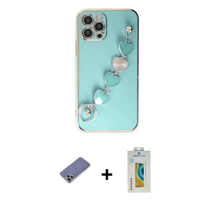MARSİLYAN™- iPhone 12 Pro Kılıf Nova Işık Prime - Siyah Polymer Nano Ekran Koruyucu + Gold Metal Kamera Lens Koruma Cam