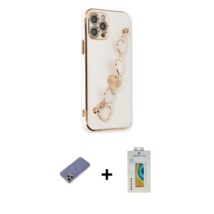 MARSİLYAN™- iPhone 12 Pro Kılıf Nova Işık Prime - Siyah Polymer Nano Ekran Koruyucu + Gold Metal Kamera Lens Koruma Cam