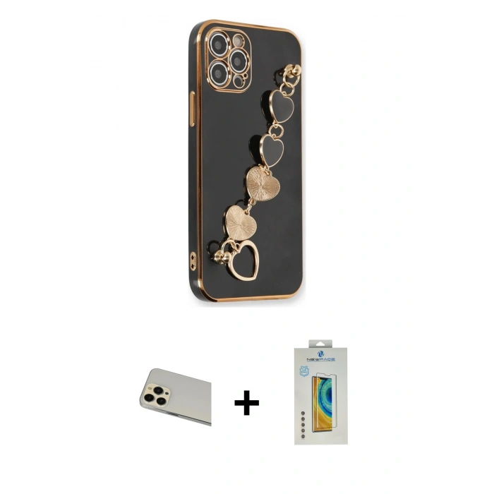 MARSİLYAN™- iPhone 12 Pro Kılıf Nova Işık Prime - Siyah Polymer Nano Ekran Koruyucu + Gold Rainbow Kamera Lens Koruma Cam