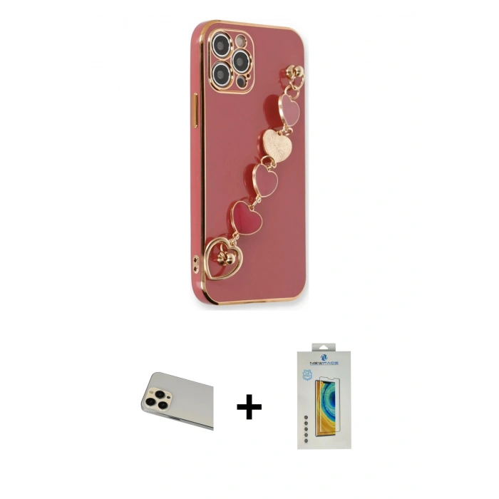 MARSİLYAN™- iPhone 12 Pro Kılıf Nova Işık Prime - Siyah Polymer Nano Ekran Koruyucu + Gold Rainbow Kamera Lens Koruma Cam