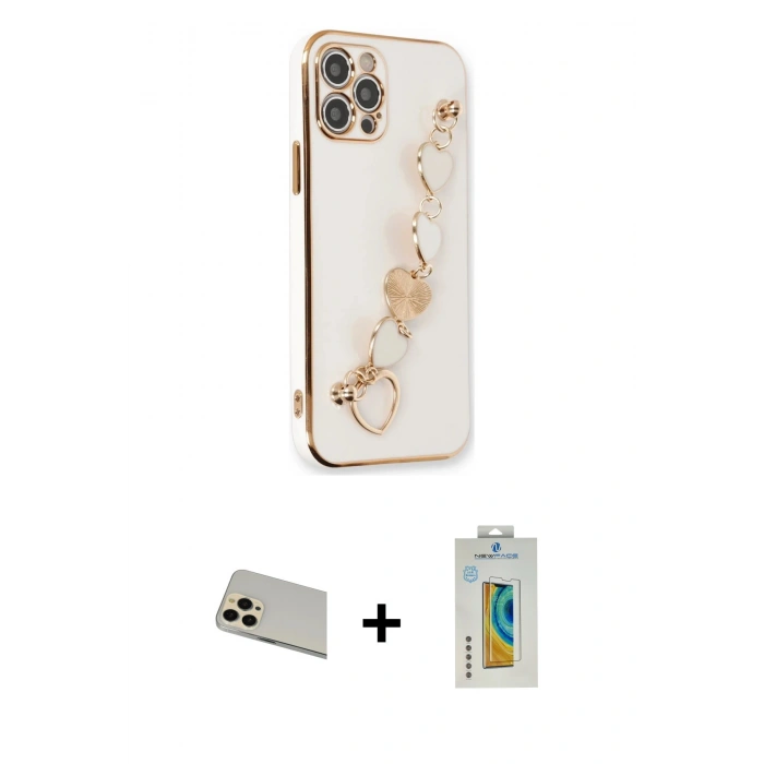MARSİLYAN™- iPhone 12 Pro Kılıf Nova Işık Prime - Siyah Polymer Nano Ekran Koruyucu + Gold Rainbow Kamera Lens Koruma Cam