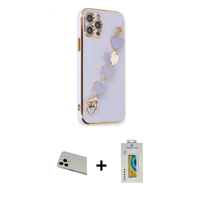 MARSİLYAN™- iPhone 12 Pro Kılıf Nova Işık Prime - Siyah Polymer Nano Ekran Koruyucu + Gold Rainbow Kamera Lens Koruma Cam