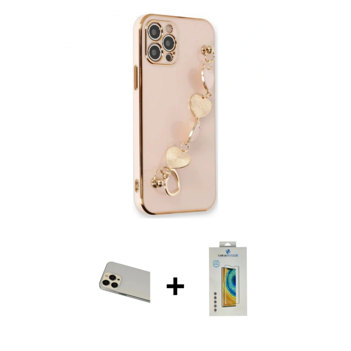 MARSİLYAN™- iPhone 12 Pro Kılıf Nova Işık Prime - Siyah Polymer Nano Ekran Koruyucu + Gold Rainbow Kamera Lens Koruma Cam