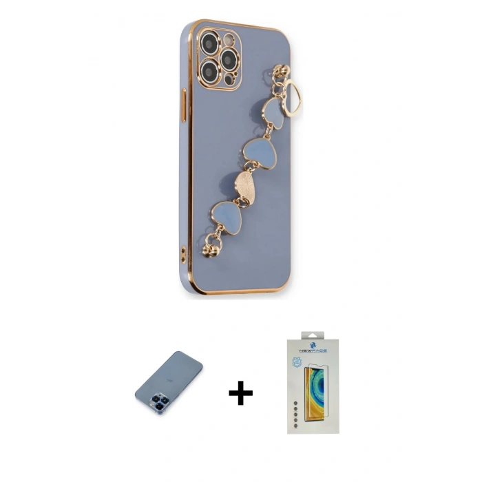 MARSİLYAN™- iPhone 12 Pro Kılıf Nova Işık Prime - Siyah Polymer Nano Ekran Koruyucu + Mavi Metal Kamera Lens Koruma Cam
