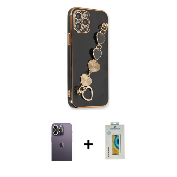 MARSİLYAN™- iPhone 12 Pro Kılıf Nova Işık Prime - Siyah Polymer Nano Ekran Koruyucu + Neon Fosforlu Kamera Lens - BZ