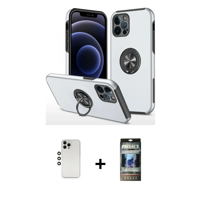 MARSİLYAN™- iPhone 12 Pro Kılıf Odak Form Prime - Siyah 34D Hayalet Izgaralı Cam + Shine Kamera Lens - GS