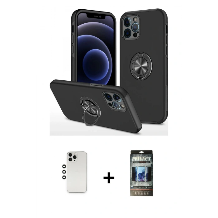 MARSİLYAN™- iPhone 12 Pro Kılıf Odak Form Prime - Siyah 34D Hayalet Izgaralı Cam + Shine Kamera Lens - GS