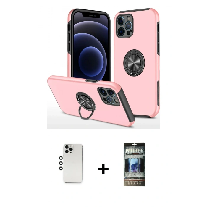 MARSİLYAN™- iPhone 12 Pro Kılıf Odak Form Prime - Siyah 34D Hayalet Izgaralı Cam + Shine Kamera Lens - GS