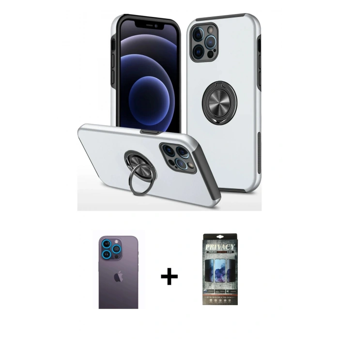 MARSİLYAN™- iPhone 12 Pro Kılıf Odak Form Prime - Siyah 34D Hayalet Izgaralı Cam + Neon Fosforlu Kamera Lens - MI