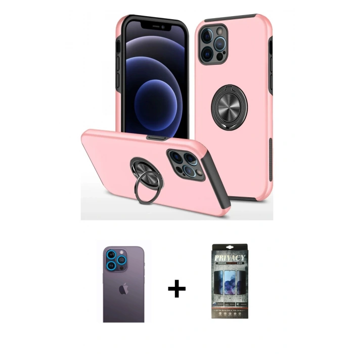 MARSİLYAN™- iPhone 12 Pro Kılıf Odak Form Prime - Siyah 34D Hayalet Izgaralı Cam + Neon Fosforlu Kamera Lens - MI