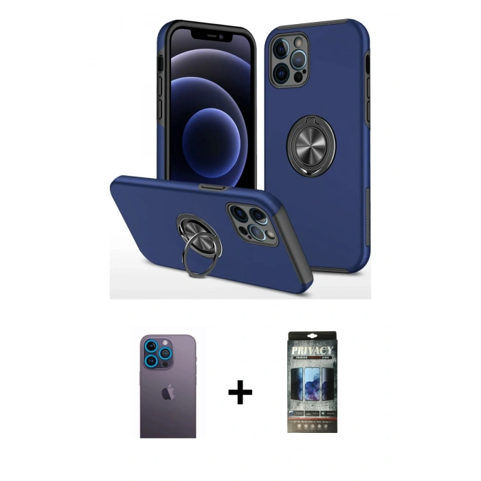 MARSİLYAN™- iPhone 12 Pro Kılıf Odak Form Prime - Siyah 34D Hayalet Izgaralı Cam + Neon Fosforlu Kamera Lens - MI