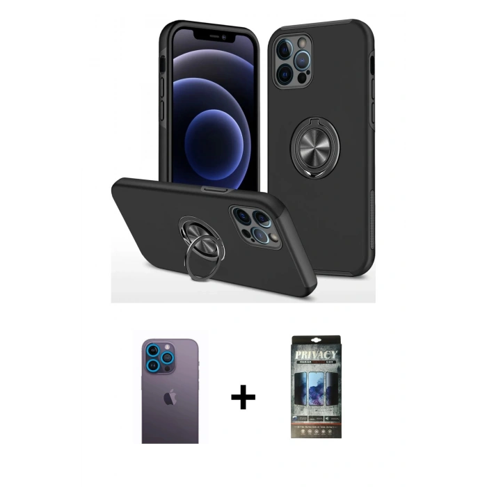 MARSİLYAN™- iPhone 12 Pro Kılıf Odak Form Prime - Siyah 34D Hayalet Izgaralı Cam + Neon Fosforlu Kamera Lens - MI