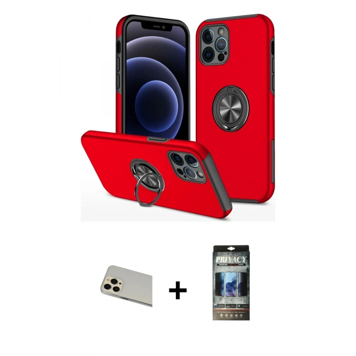 MARSİLYAN™- iPhone 12 Pro Kılıf Odak Form Prime - Siyah 34D Hayalet Izgaralı Cam + Rainbow Kamera Lens Koruma Cam - GD