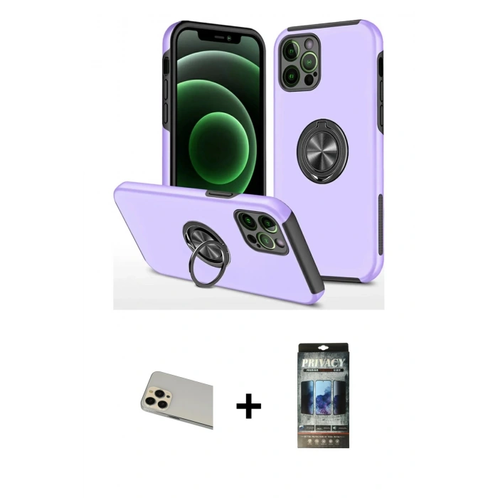 MARSİLYAN™- iPhone 12 Pro Kılıf Odak Form Prime - Siyah 34D Hayalet Izgaralı Cam + Rainbow Kamera Lens Koruma Cam - GD